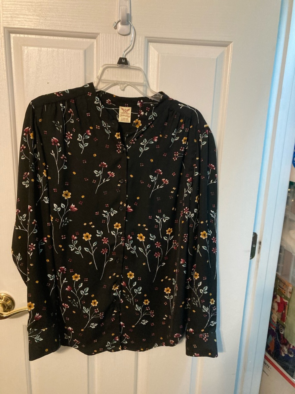 Faded Glory Black Floral Button-Up Blouse with Pink & Yellow Blooms